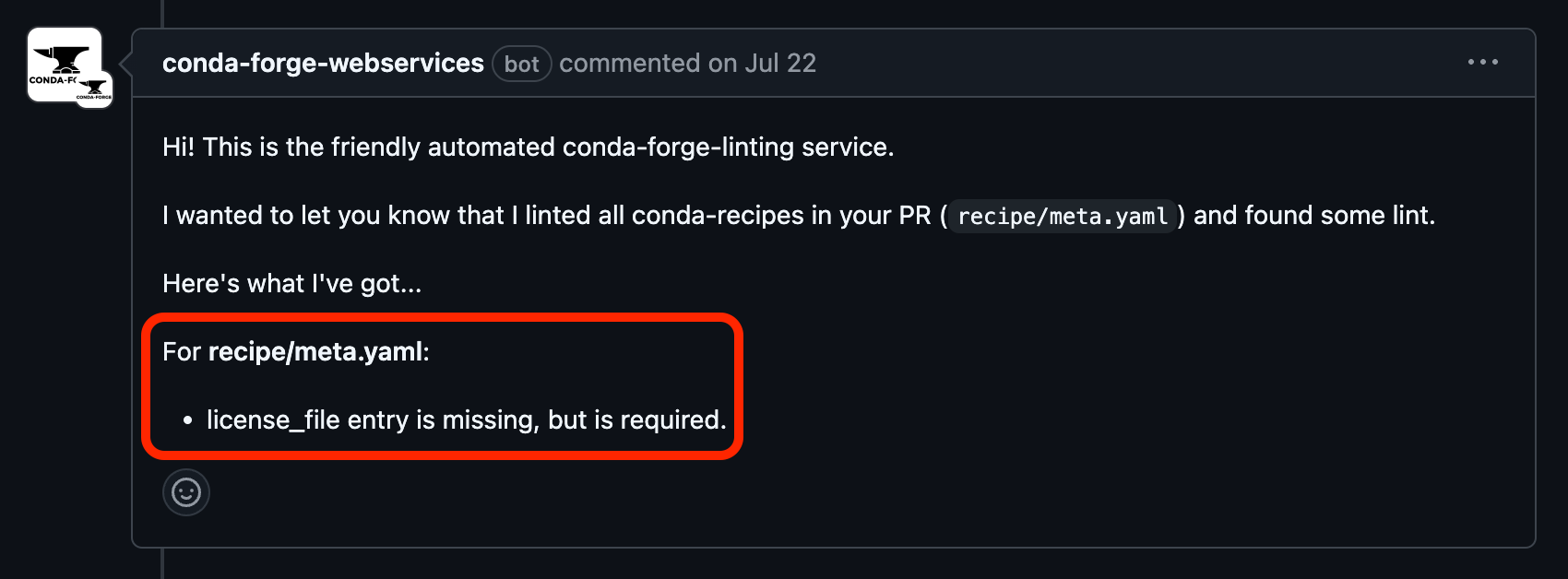 License file missing in conda-forge feedstock